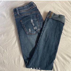 Distressed cuffed dark wash jeans